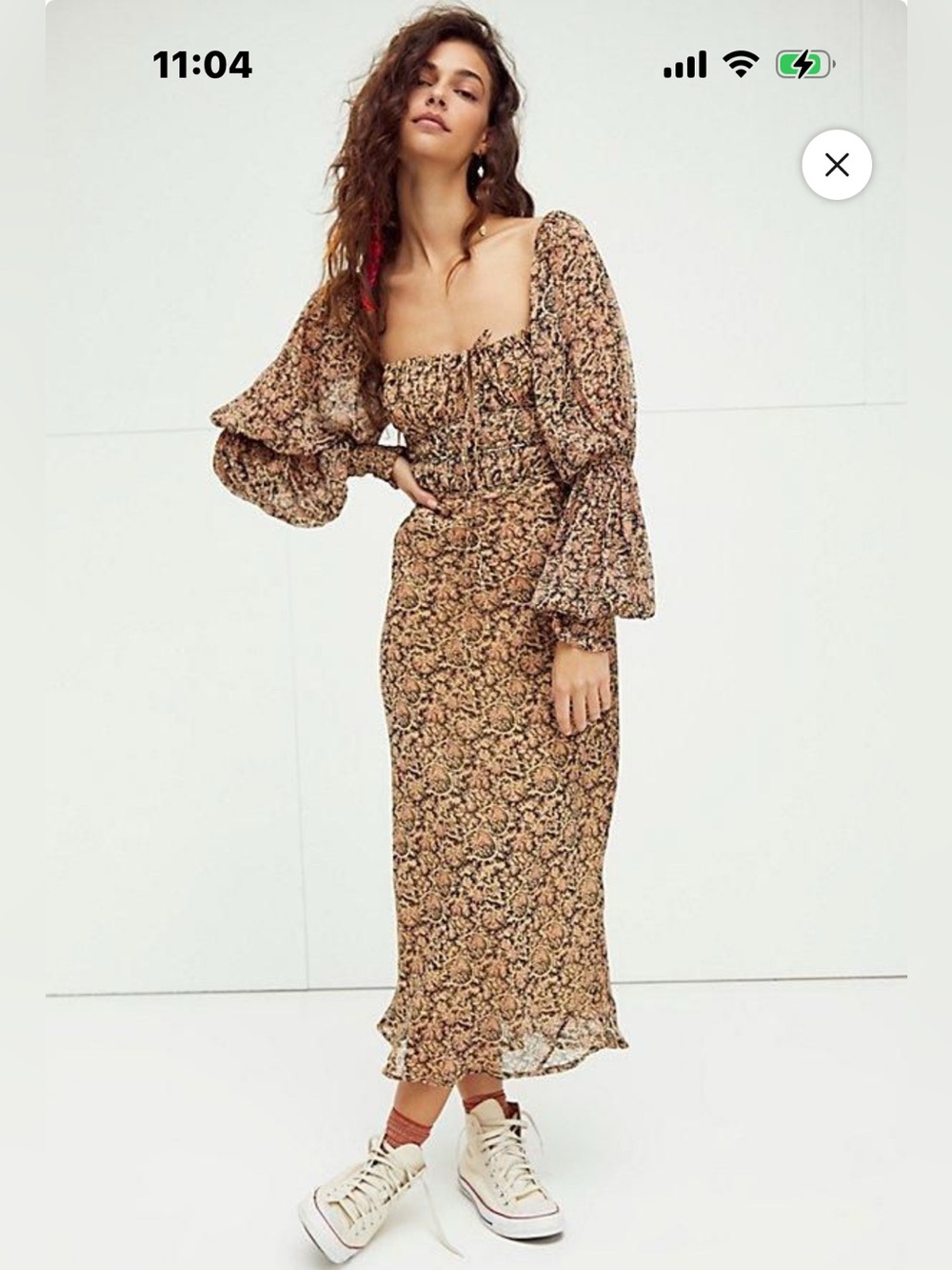 Free People Floral Midi Dress in Tan and Black
